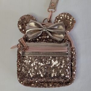 Loungefly Disney Parks Rose Gold Sequin Mini Backpack Wristlet Minnie Ears Bow